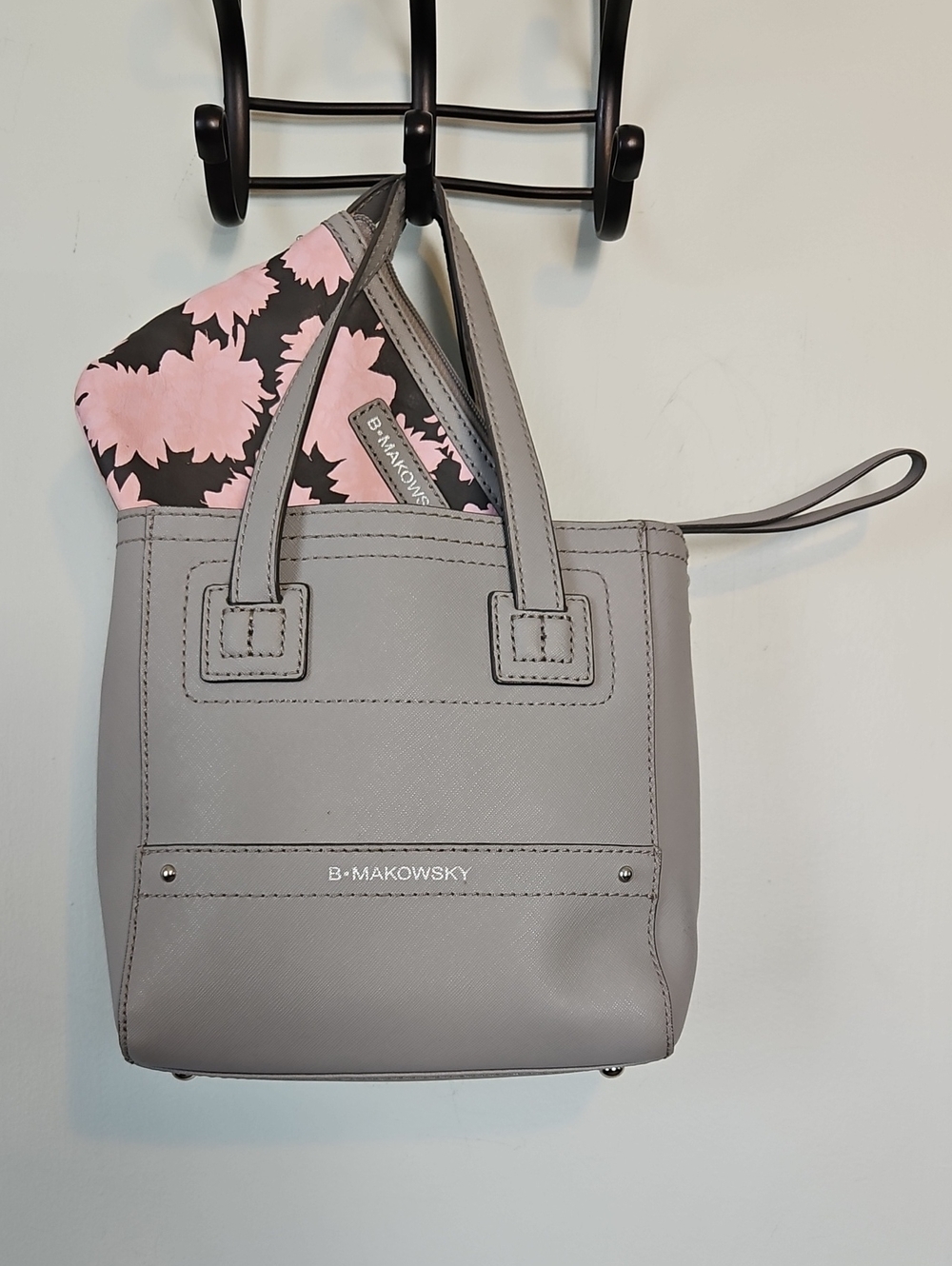 B Makowsky Ella Gray Tote with Pink Floral Snap-In Pouch